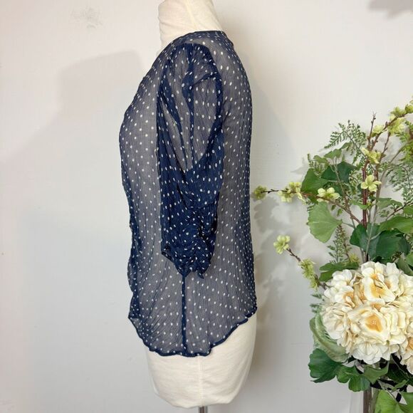 🖤🔥 FRAME Sheer Navy Polka Dot Ruched Puff Sleeve Top Medium - Picture 5 of 9